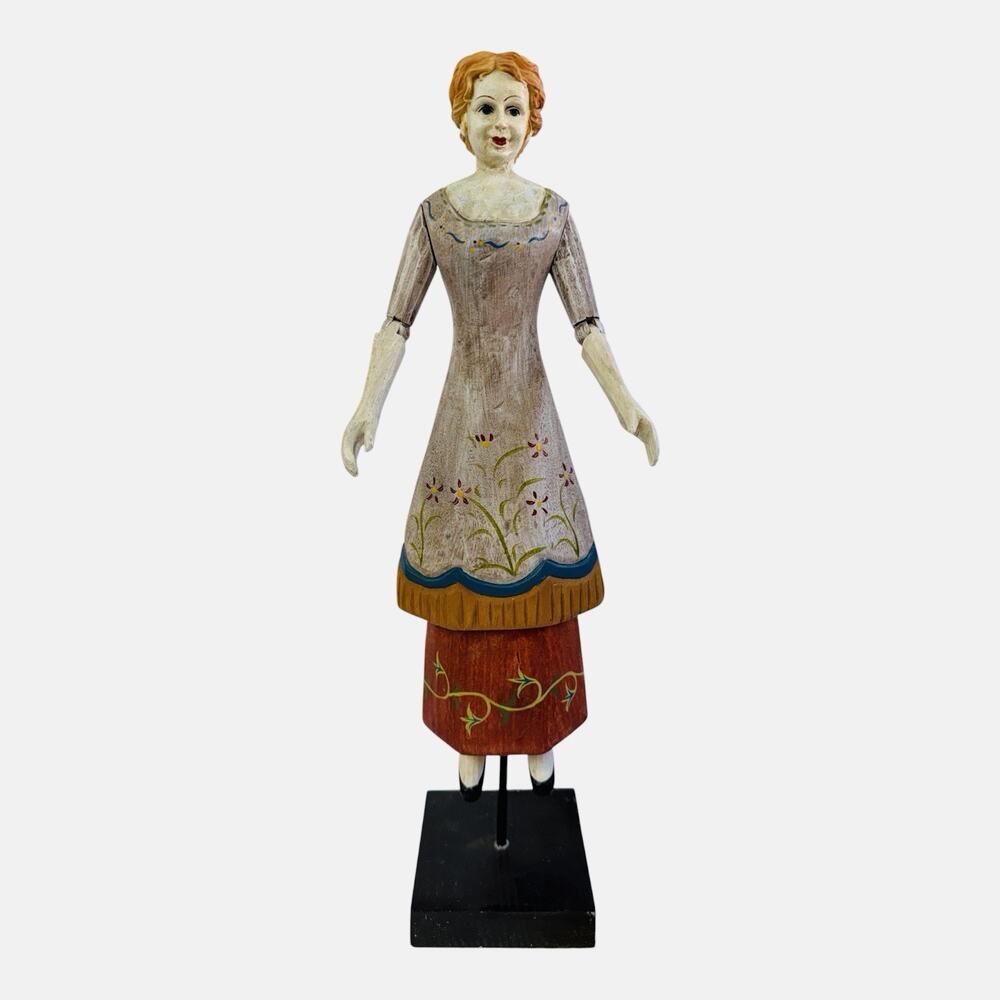 Foreside Carved Wood Woman Doll Folk Art Mounted Base Jointed Arms Handpainted